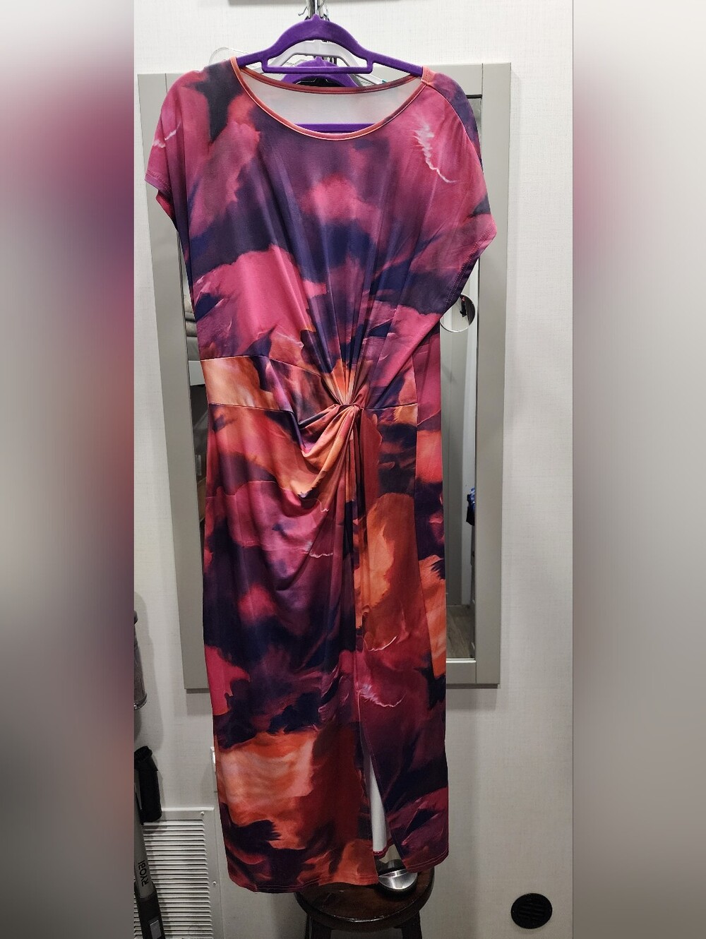 NWOT Twist-Front Midi Dress in Pink, Purple,  Orange & Navy Watercolor